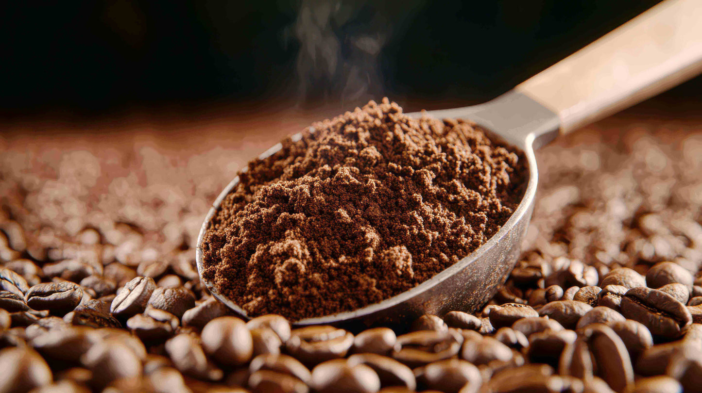 Close-up of ground coffee in a scoop, highlighting the rich texture of light roast African coffee blend.