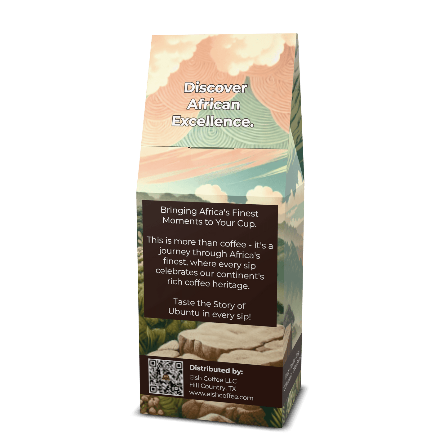 Discover African Excellence on coffee packaging showcasing rich coffee heritage and Ubuntu in every sip.
