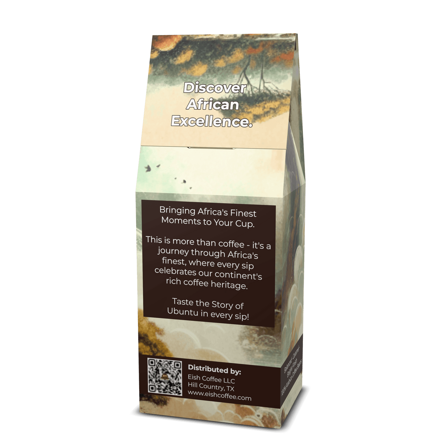 Package of Eish Coffee showcasing African coffee heritage with a message about its rich flavor and cultural significance.