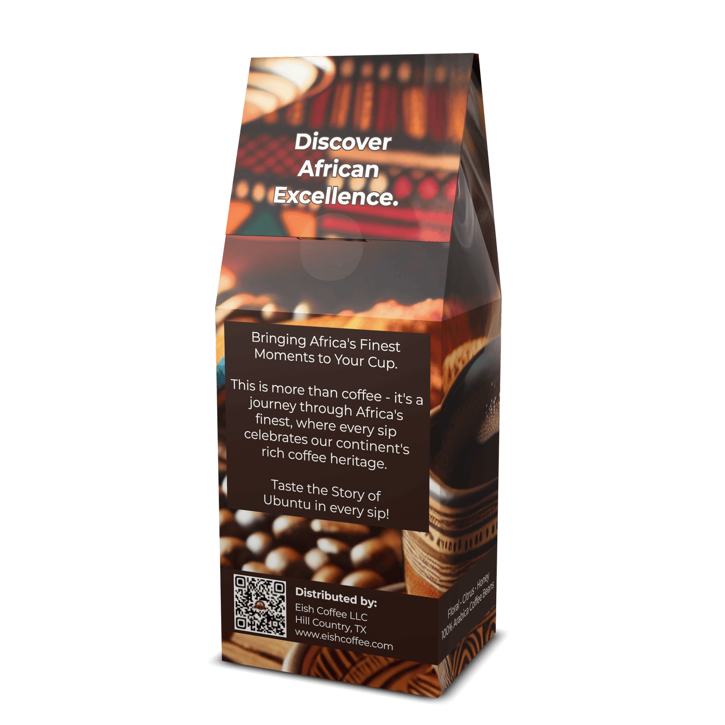 Elegant coffee bag showcasing African excellence and heritage from Eish Coffee, featuring rich coffee beans.