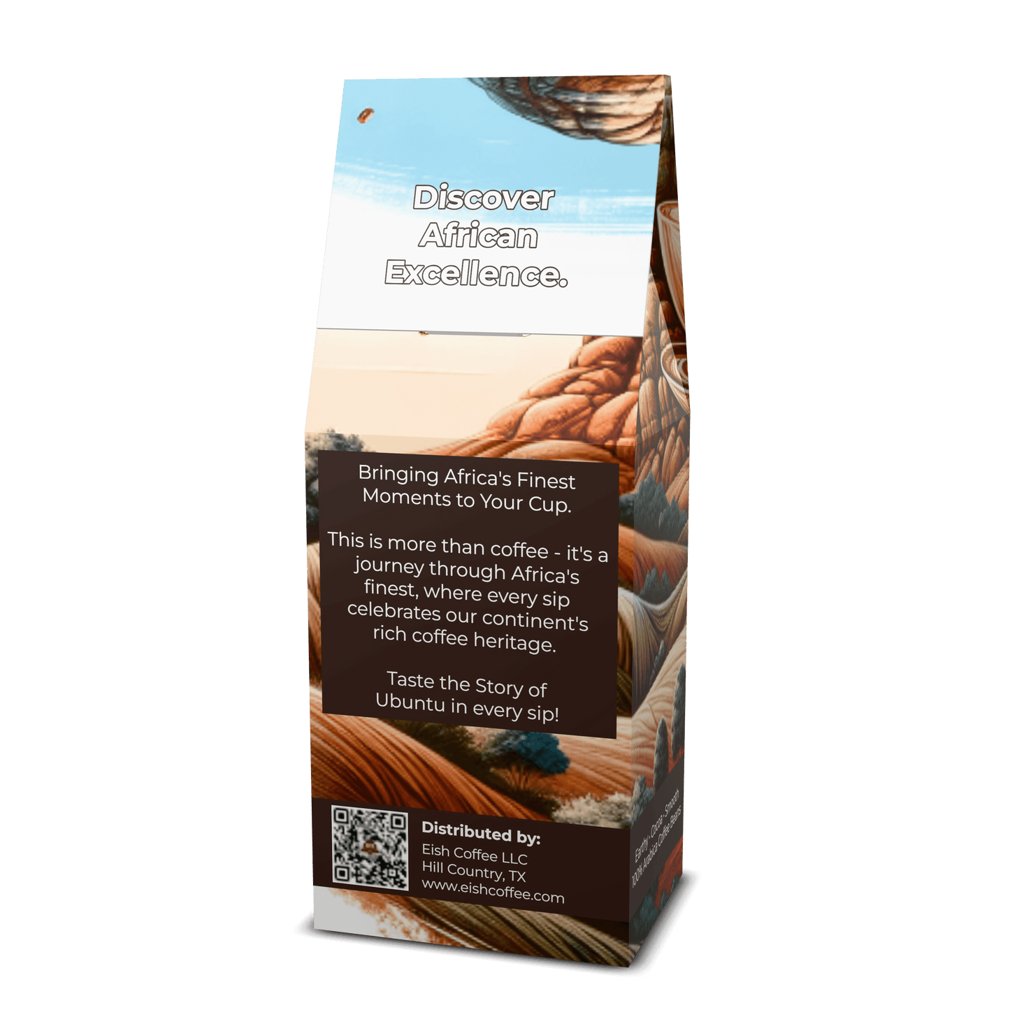 Premium roasted coffee beans package featuring African heritage and excellence, highlighting flavorful coffee experiences.
