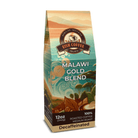 Malawi Gold Blend Decaf coffee packaging featuring premium roasted coffee beans, 12oz, medium roast.