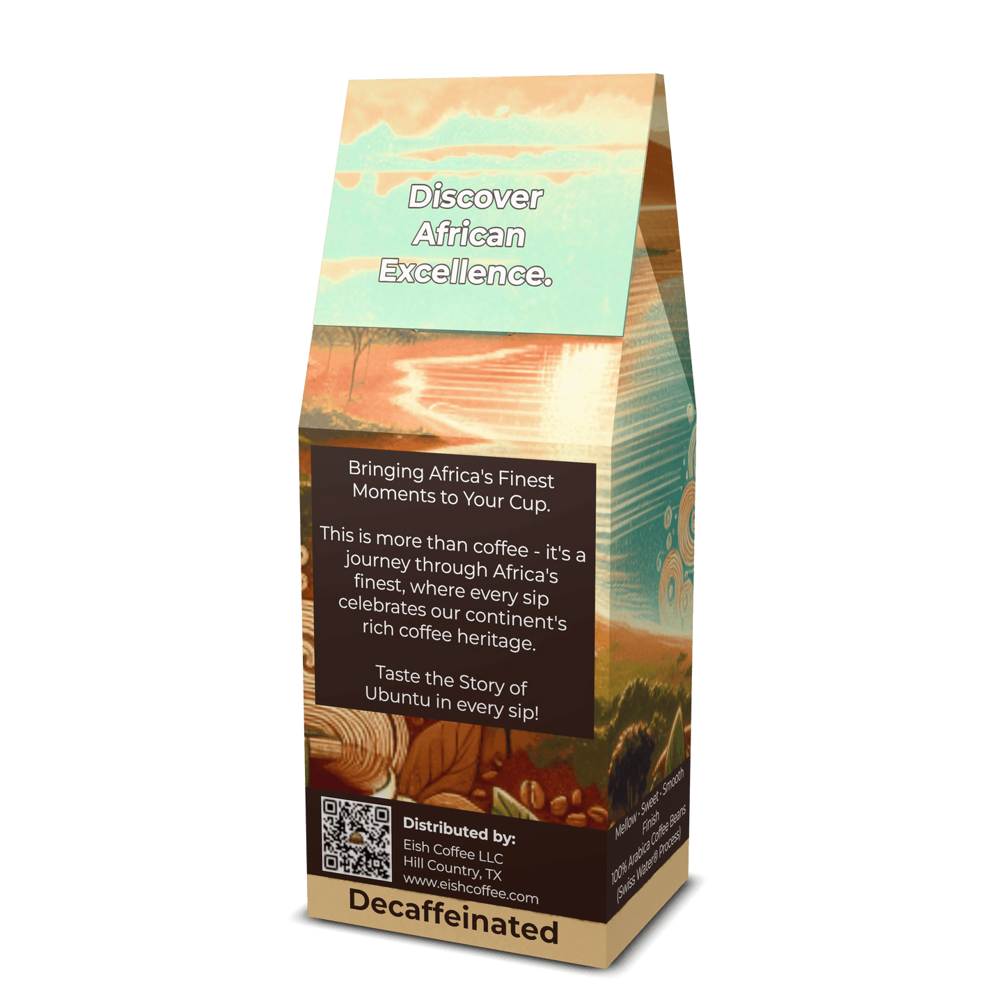 Malawi Gold Blend Decaf coffee packaging featuring African motifs and the text 'Discover African Excellence'.