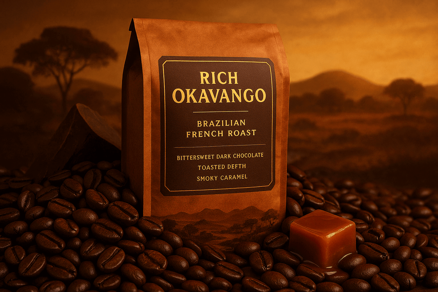 RICH OKAVANGO BLEND - DARK ROAST premium dark roast coffee packaging on coffee beans with tasting notes.