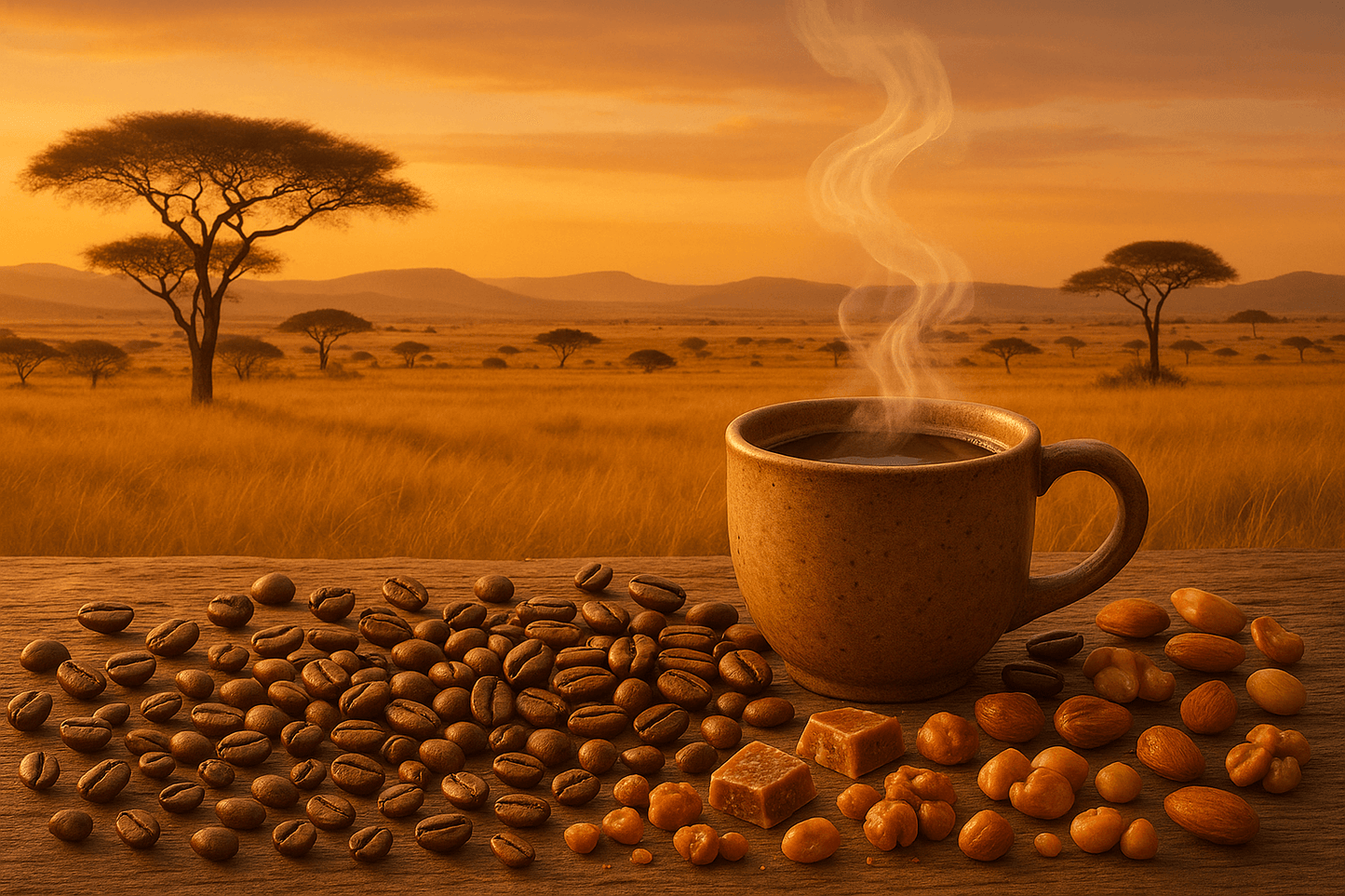 Serene Serengeti Blend, a medium roast coffee blend with praline flavor, fresh coffee beans, and steaming cup against sunset.
