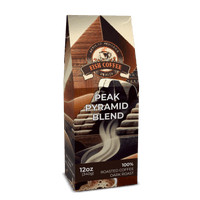 Peak Pyramid Blend coffee bag, 100% dark roast, premium roasted coffee beans, rich and velvety taste, Eish Coffee brand.