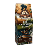 Rich Okavango Blend coffee bag featuring premium roasted coffee beans with elephant design.