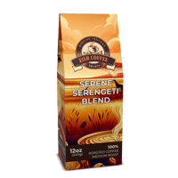 Serene Serengeti Blend medium roast coffee package featuring premium roasted coffee beans.