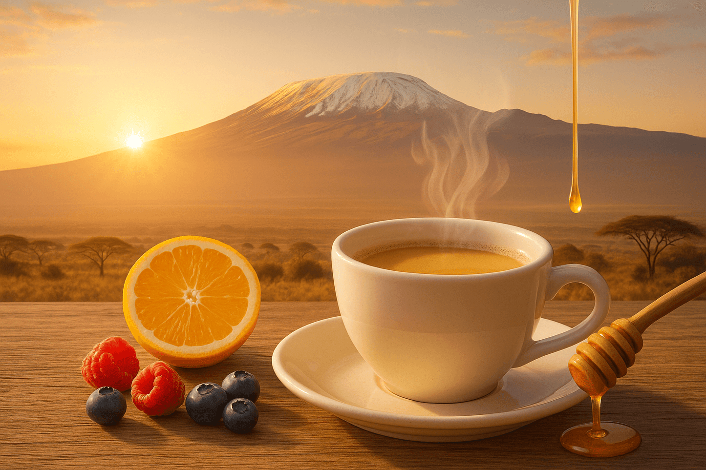 Light roast African coffee blend in a cup with citrus fruits and berries against a sunrise backdrop of Mount Kilimanjaro.