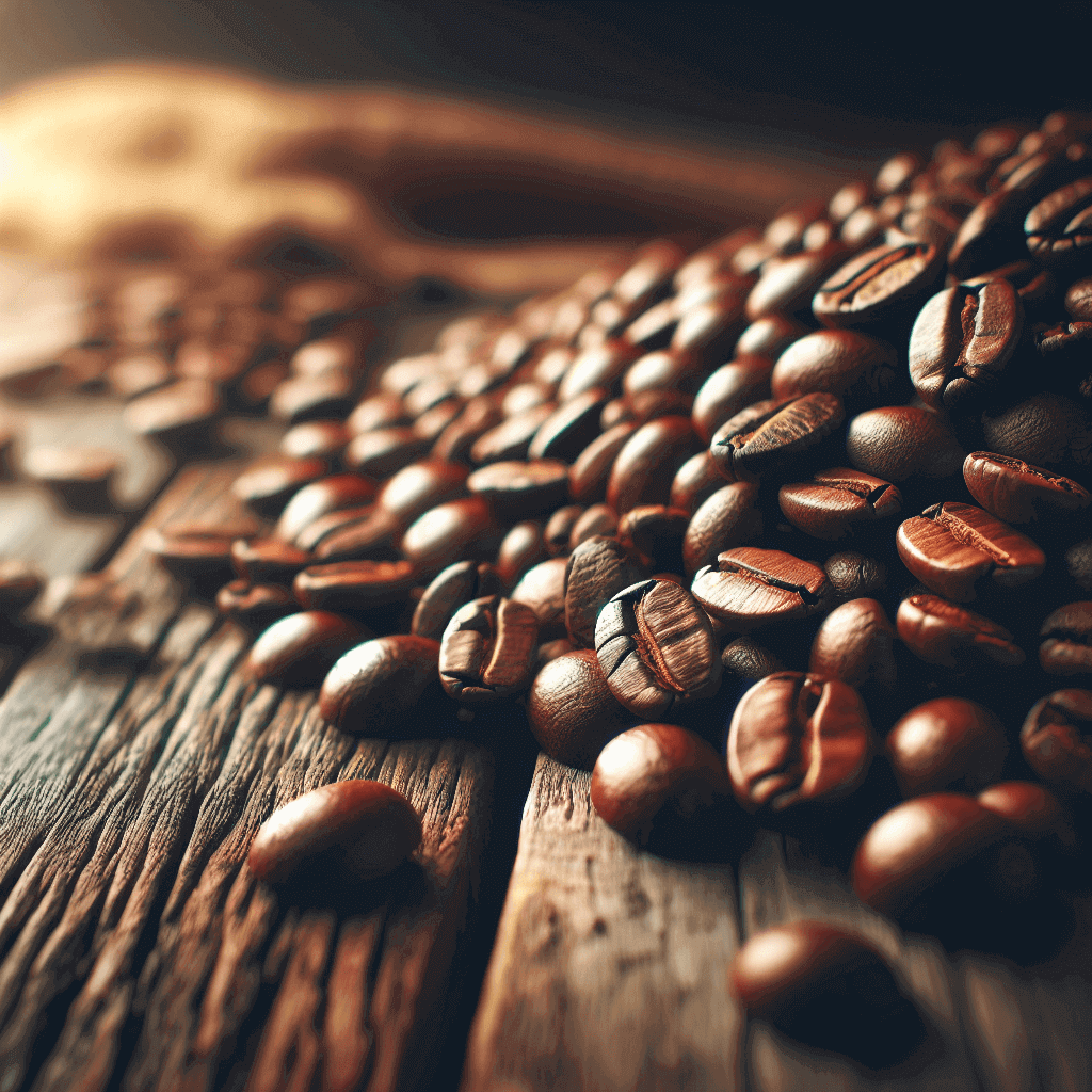 light roast African coffee blend beans on rustic wooden surface, showcasing their rich color and texture.