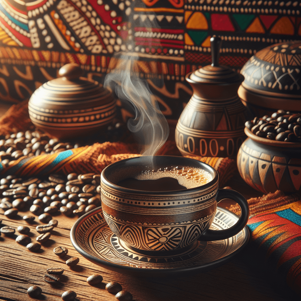 Steaming cup of African coffee in a traditional setting with coffee beans and decorative pots.