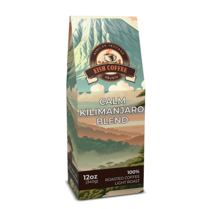 CALM KILIMANJARO BLEND coffee bag showcasing premium roasted coffee beans in a vibrant design.