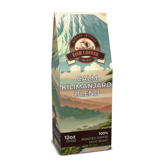 CALM KILIMANJARO BLEND coffee bag showcasing premium roasted coffee beans in a vibrant design.