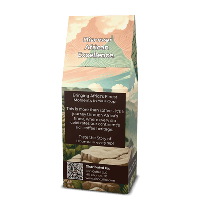 Discover African Excellence on coffee packaging showcasing rich coffee heritage and Ubuntu in every sip.