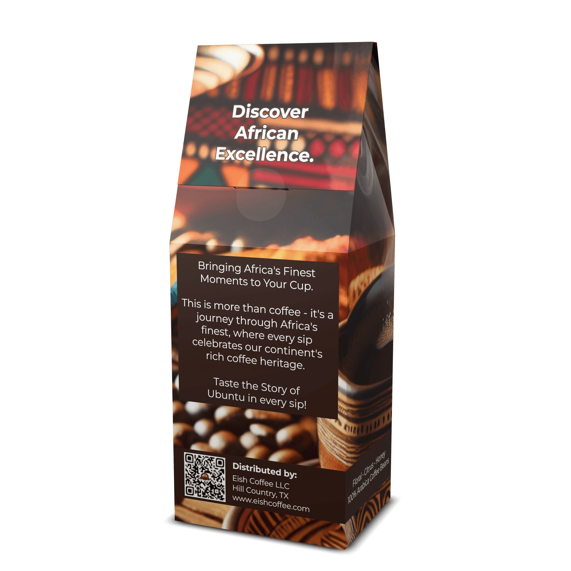 Elegant coffee bag showcasing African excellence and heritage from Eish Coffee, featuring rich coffee beans.