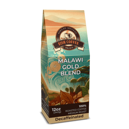 Malawi Gold Blend Decaf coffee packaging featuring premium roasted coffee beans, 12oz, medium roast.