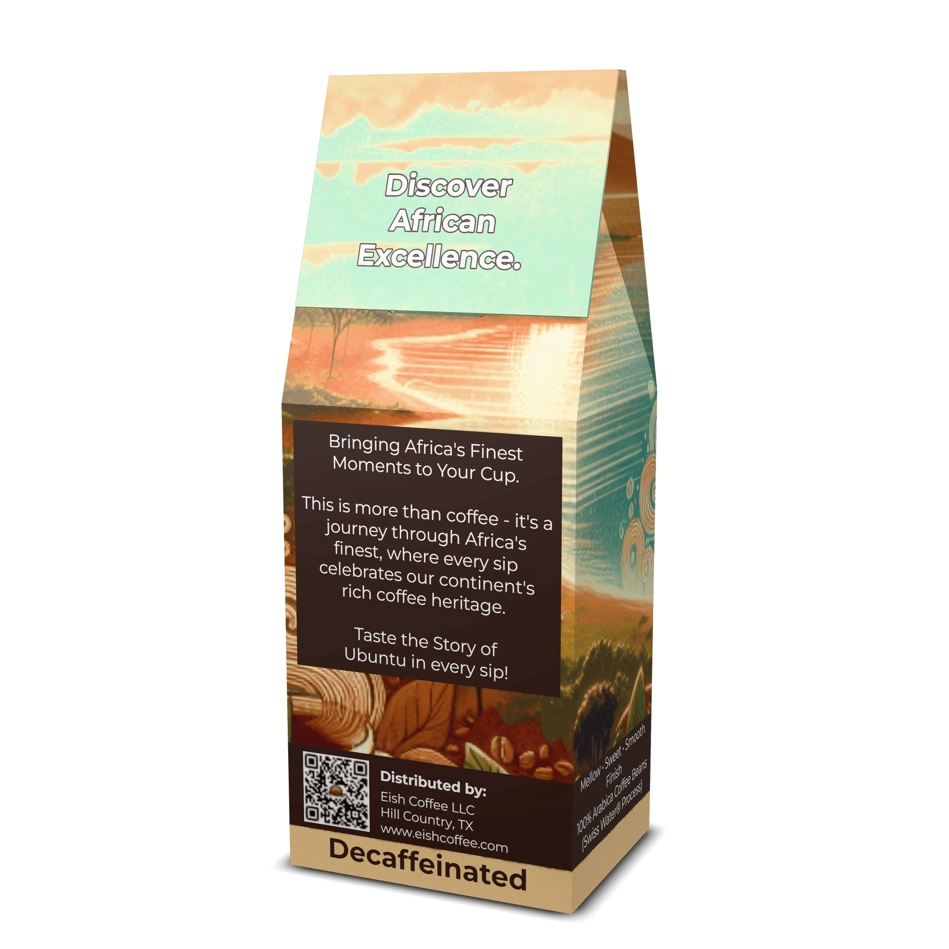 Malawi Gold Blend Decaf coffee packaging featuring African motifs and the text 'Discover African Excellence'.