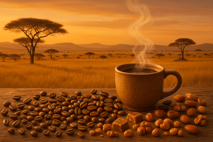 Serene Serengeti Blend, a medium roast coffee blend with praline flavor, fresh coffee beans, and steaming cup against sunset.