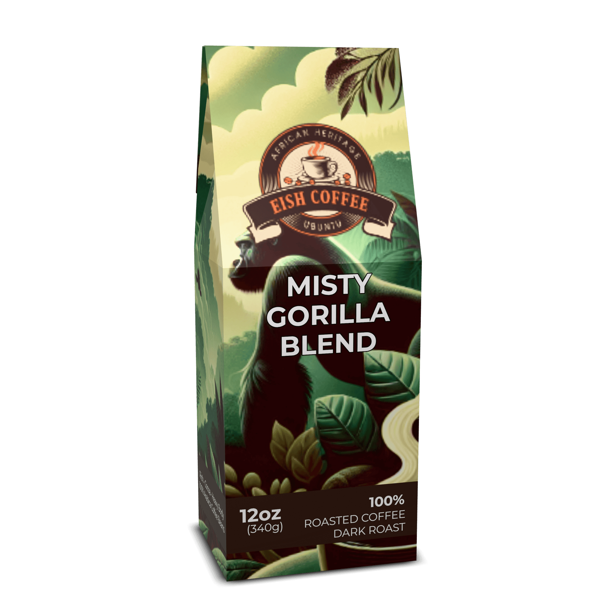 Misty Gorilla Blend dark roast coffee packaging showcasing premium roasted coffee beans.