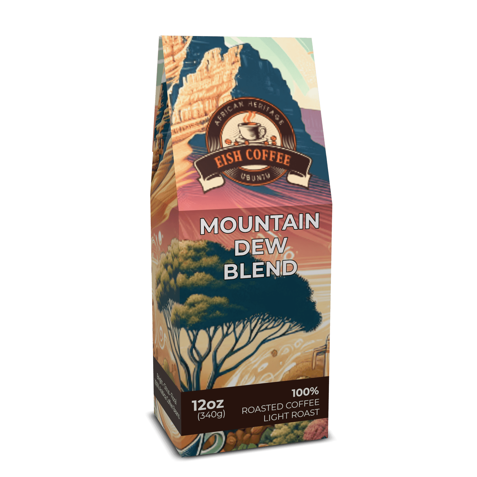 Mountain Dew Blend coffee packaging with vibrant artwork, featuring premium roasted coffee beans, 12oz light roast.