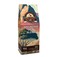 Mountain Dew Blend coffee packaging with vibrant artwork, featuring premium roasted coffee beans, 12oz light roast.