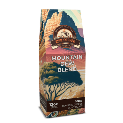 Mountain Dew Blend coffee packaging with vibrant artwork, featuring premium roasted coffee beans, 12oz light roast.