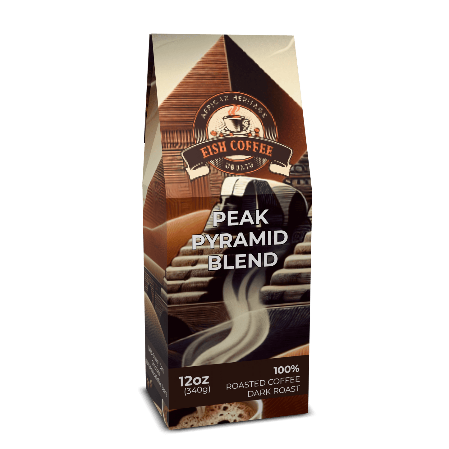 Peak Pyramid Blend coffee bag, 100% dark roast, premium roasted coffee beans, rich and velvety taste, Eish Coffee brand.