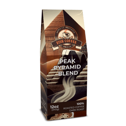 Peak Pyramid Blend coffee bag, 100% dark roast, premium roasted coffee beans, rich and velvety taste, Eish Coffee brand.