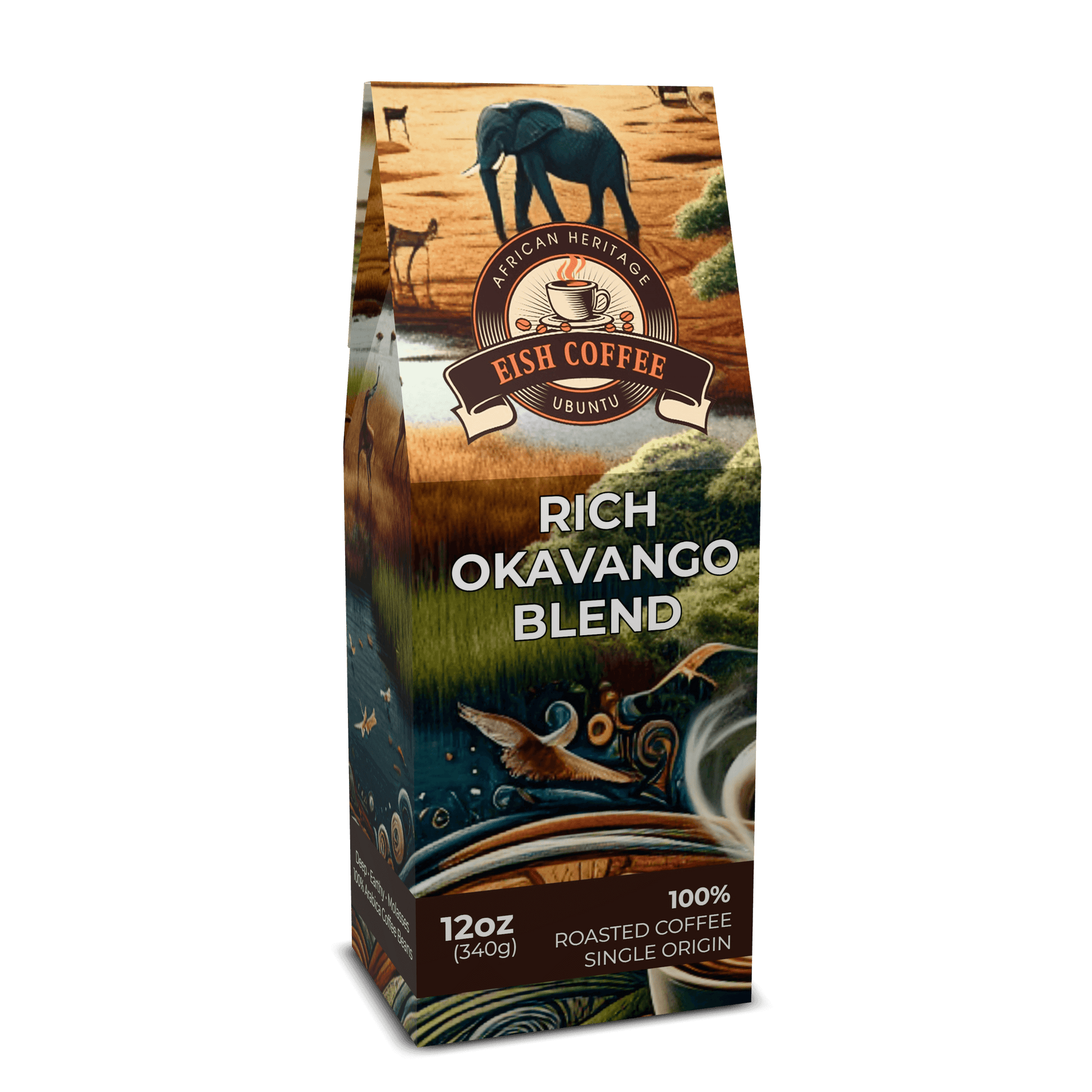 Rich Okavango Blend coffee bag featuring premium roasted coffee beans with elephant design.