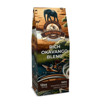 Rich Okavango Blend coffee bag featuring premium roasted coffee beans with elephant design.