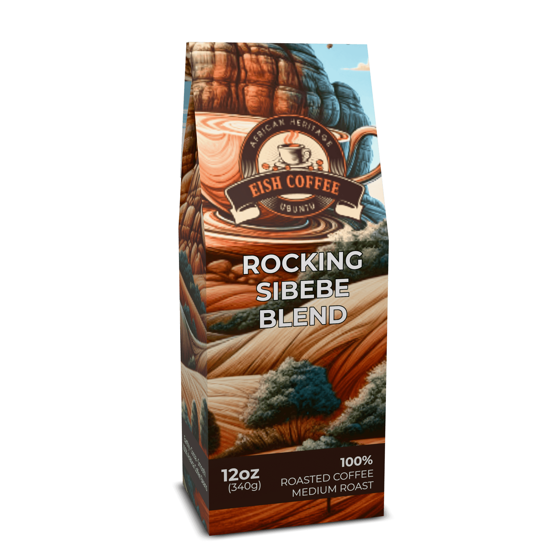 Rocking Sibebe Blend medium roast coffee packaging featuring vibrant colors and bold design.