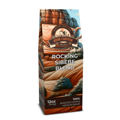 Rocking Sibebe Blend medium roast coffee packaging featuring vibrant colors and bold design.