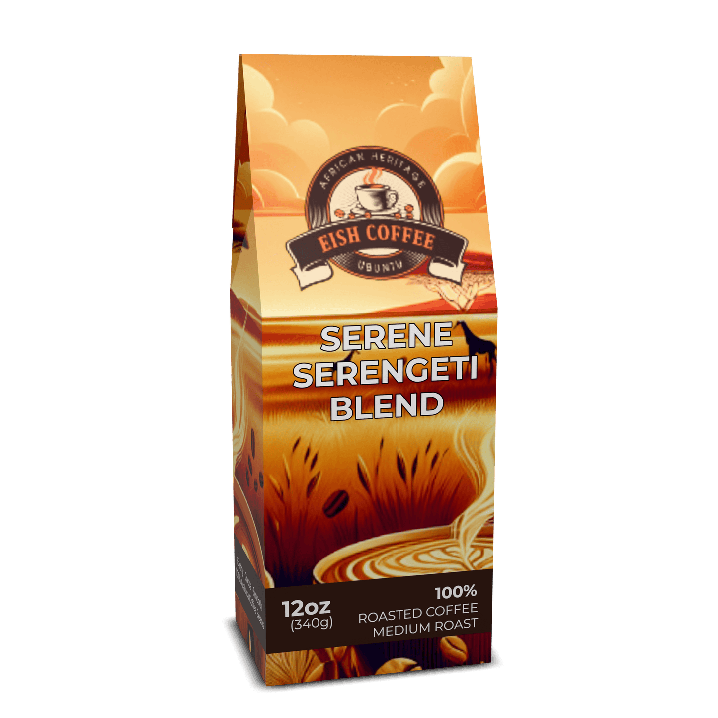 Serene Serengeti Blend medium roast coffee package featuring premium roasted coffee beans.