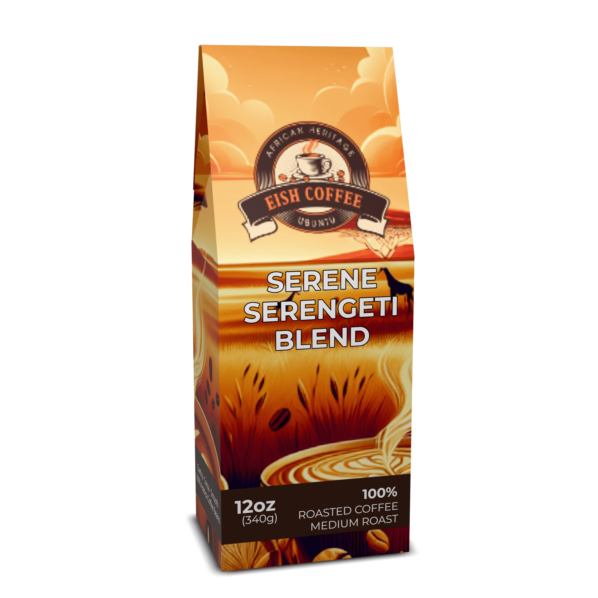 Serene Serengeti Blend medium roast coffee package featuring premium roasted coffee beans.