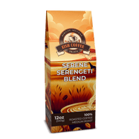 Serene Serengeti Blend medium roast coffee package featuring premium roasted coffee beans.