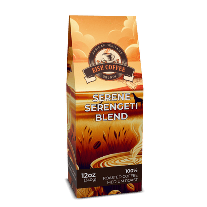 Serene Serengeti Blend medium roast coffee package featuring premium roasted coffee beans.