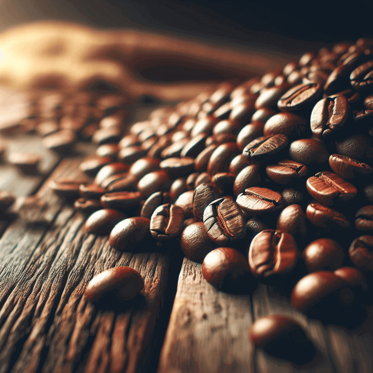 light roast African coffee blend beans on rustic wooden surface, showcasing their rich color and texture.